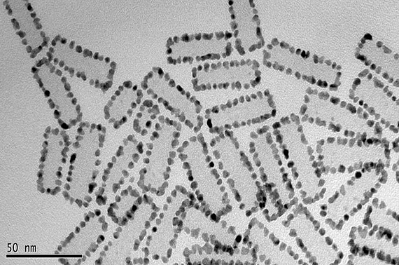 Transmissionselektronenmikroskopische Aufnahme von Halbleiter-Nanoplättchen mit Edelmetallpartikeln an den Rändern der Plättchen.